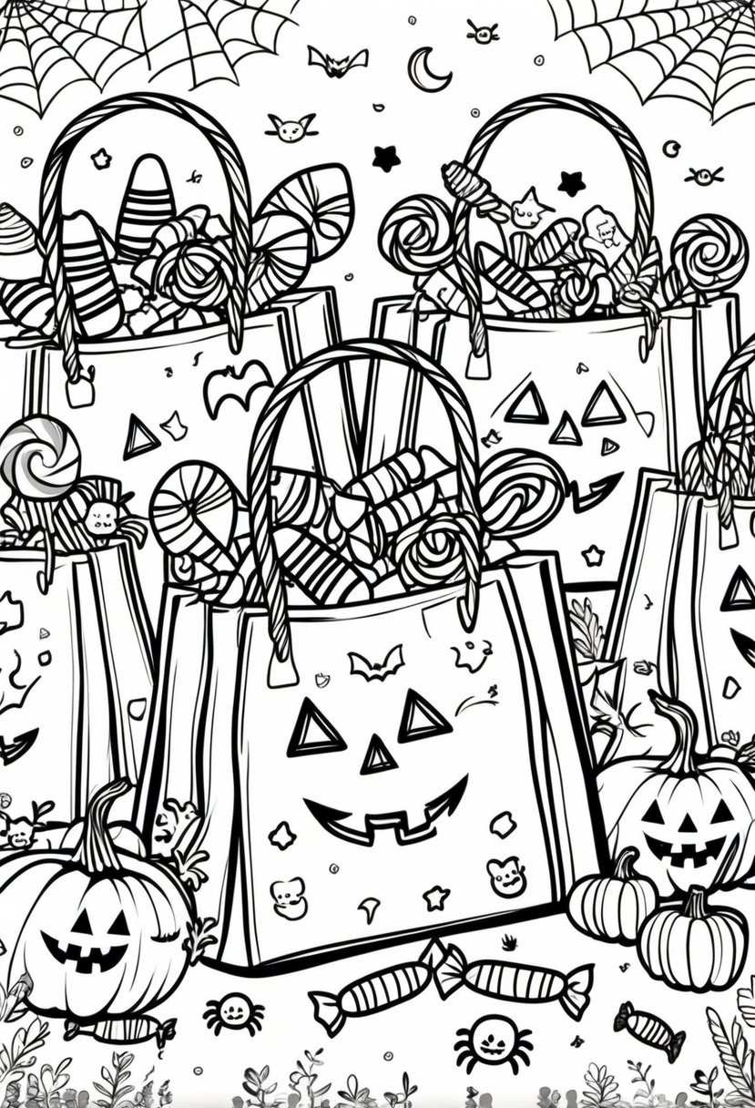 Halloween Coloring Pages for Kids Featuring 16 Cute and Friendly Characters and Scenes 33 A collection of Halloween trick-or-treat bags filled with various candies like candy corn, lollipops, and chocolates, surrounded by small Halloween decorations such as spiders, bats, and leaves.